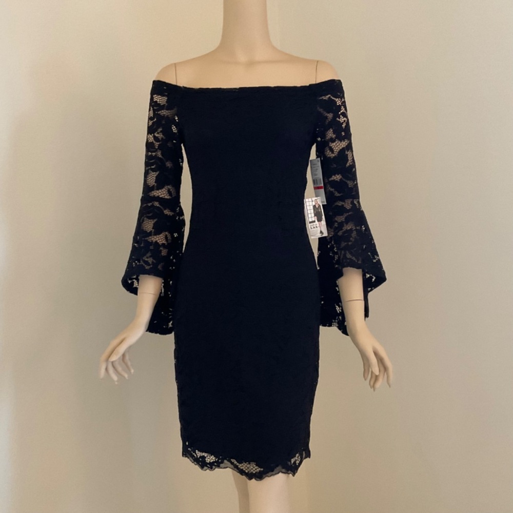 Karen Kane black lace Samantha dress, off shoulder, 3/4 bell sleeves Size XS - Picture 2 of 8